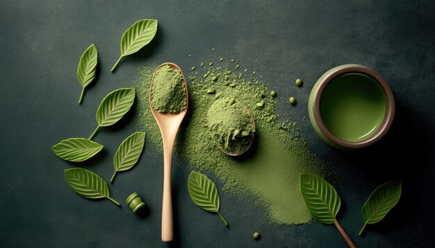 Vista dall'alto del tè verde in polvere Matcha in ciotola cucchiaio bambù frusta bevanda tradizionale AI generativa