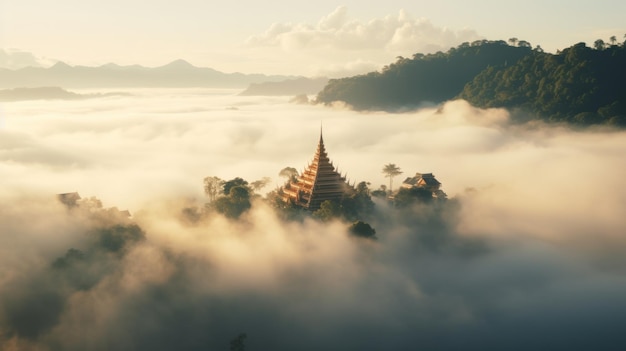 Vista dall'alto del tempio thailandese nel mare di nebbia