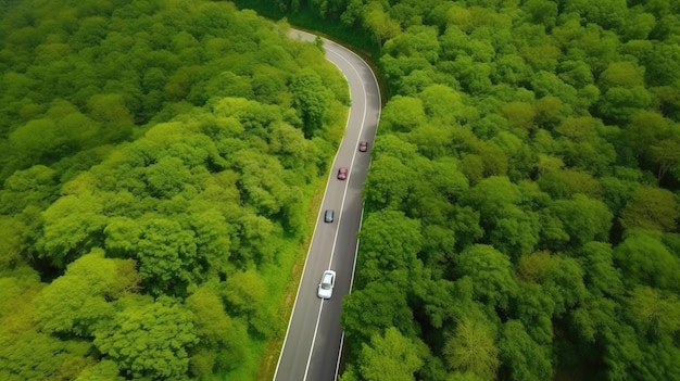 Vista dall'alto dell'albero forestale con il concetto di ambiente dell'ecosistema automobilistico Strada di campagna che passa attraverso la foresta verde e la montagna