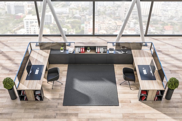 Vista dall'alto dell'interno moderno della stanza dell'ufficio di coworking in legno e cemento con cornice della finestra panoramica mobili con vista sulla città sfocata e attrezzature Rendering 3D