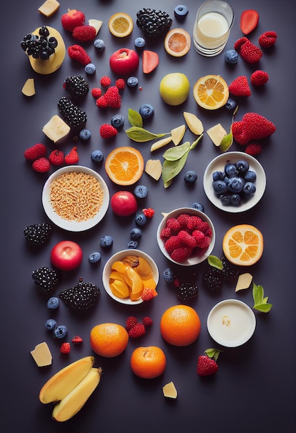 Vista dall'alto della bacca e della frutta dell'alimento salutare della miscela di illustaion