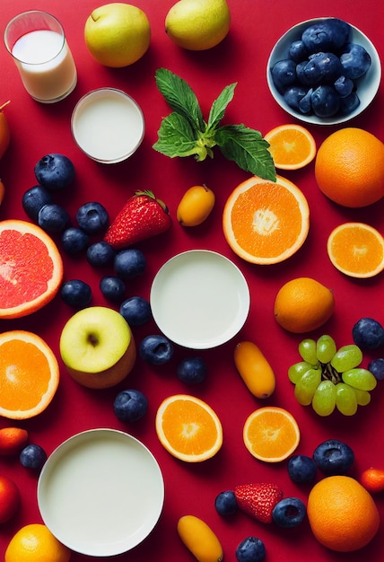 Vista dall'alto della bacca e della frutta dell'alimento salutare della miscela di illustaion