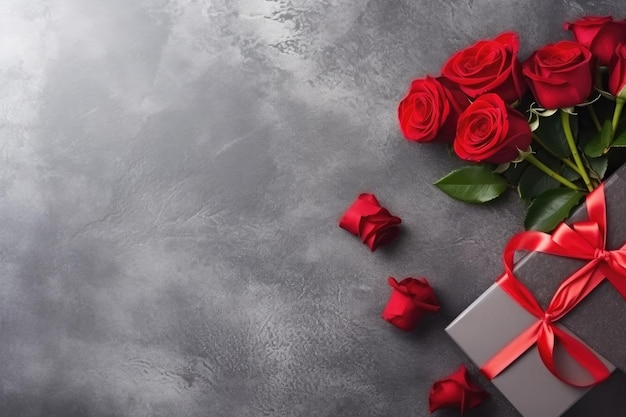 Vista dall'alto della carta di San Valentino con confezione regalo di rose rosse sul tavolo di pietra