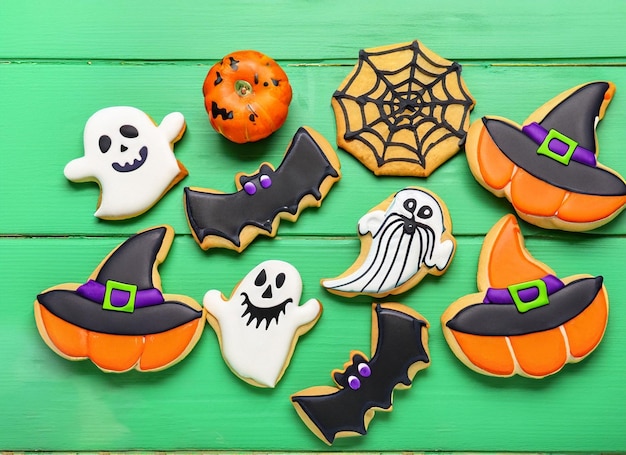 Vista dall'alto della composizione di vari biscotti di Halloween sul tavolo nero