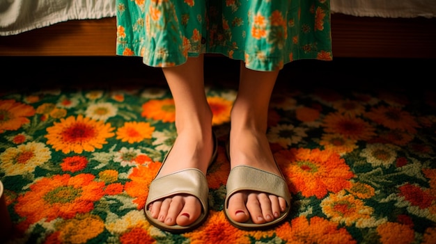 vista dall'alto della donna in scarpe rosse colorate sul pavimento