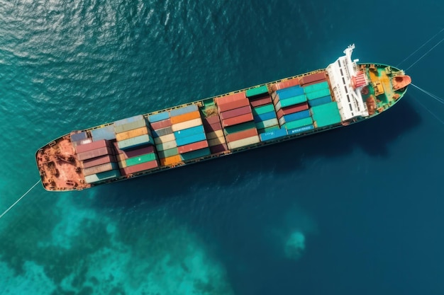 Vista dall'alto della nave da carico container nel trasporto commerciale del commercio internazionale in mare aperto