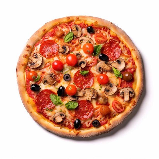 Vista dall'alto della pizza ai peperoni con salsicce ai funghi peperone oliva e mais