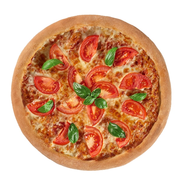 Vista dall'alto della pizza margherita con pomodoro mozzarella e basilico fresco isolato su bianco
