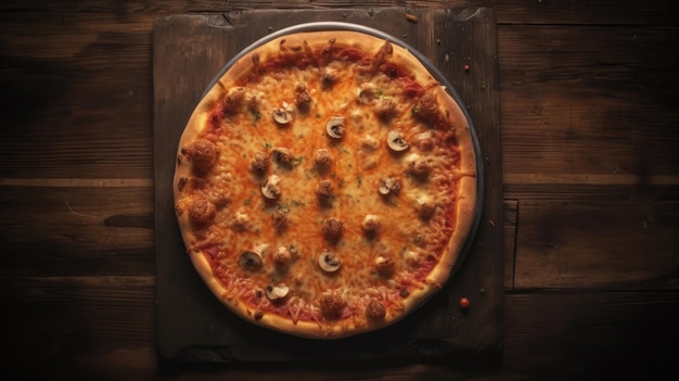 Vista dall'alto della pizza su uno sfondo di legno