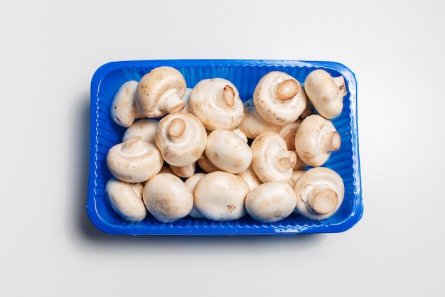 Vista dall'alto della scatola di plastica con funghi campione su sfondo bianco