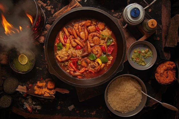 Vista dall'alto della scena di cucina jambalaya a fuoco aperto creata con l'IA generativa