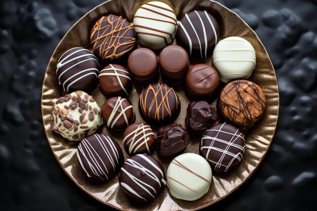 Vista dall'alto della selezione di cioccolato su un piatto