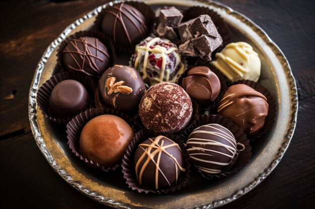 Vista dall'alto della selezione di cioccolato su un piatto