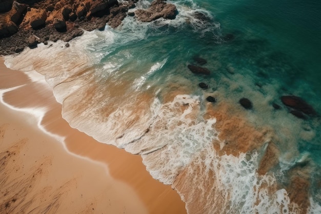 Vista dall'alto della splendida spiaggia dell'oceano e dello sfondo di sabbia