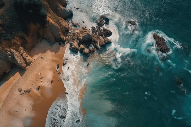 Vista dall'alto della splendida spiaggia dell'oceano e dello sfondo di sabbia