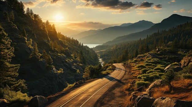 Vista dall'alto della strada di montagna nella foresta al tramonto