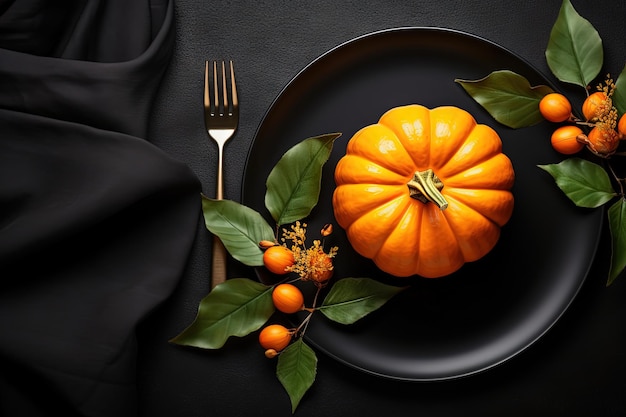 Vista dall'alto della tavola di Halloween o del Giorno del Ringraziamento con zucca arancione su superficie nera
