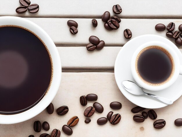 Vista dall'alto della tazza di caffè e dei chicchi di caffè ai generati