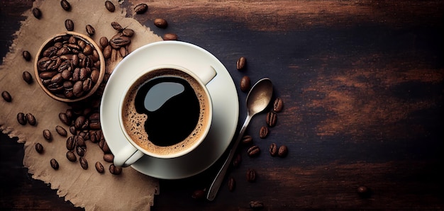 Vista dall'alto della tazza di caffè e dei chicchi di caffè in un sacco su sfondo scuro Ai generati