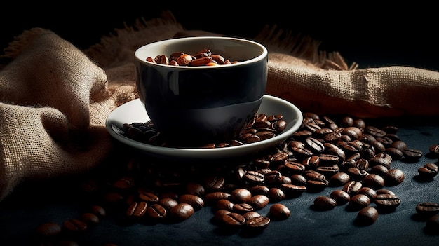 Vista dall'alto della tazza di caffè e dei chicchi di caffè in un sacco su sfondo scuro Ai generati