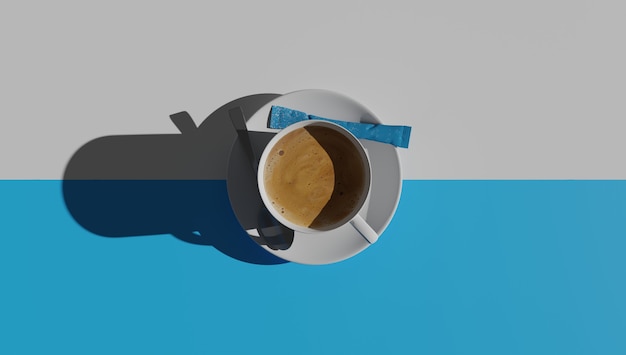 Vista dall'alto della tazza di caffè isolata su bianco e blu