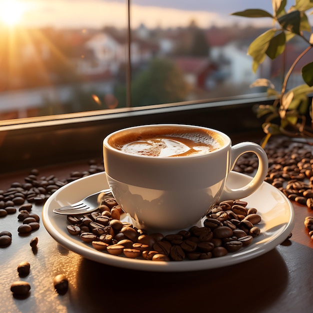 Vista dall'alto della tazza di caffè su un tavolo alcuni chicchi di caffè moderna caffetteria