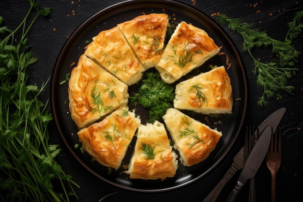 Vista dall'alto delle fette di torta di formaggio Round Borek cotte con erbe su un vassoio da cucina