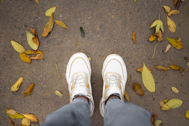 Vista dall'alto delle gambe in scarpe da ginnastica bianche sulla strada con foglie gialle.