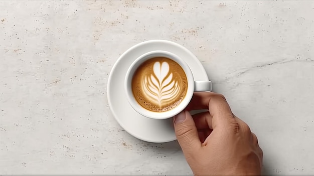 vista dall'alto delle mani che tengono una tazza di caffè sullo sfondo del muro bianco vuoto