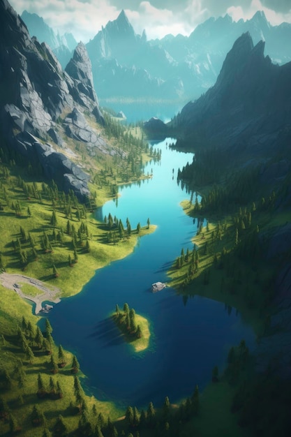 Vista dall'alto delle montagne del lago fantasy sullo sfondo ambiente fantasy rendering ottano Genera Ai