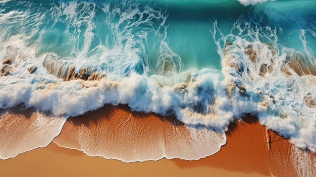Vista dall'alto delle onde dell'oceano sul paesaggio della spiaggia sabbiosa Bellissimo sfondo del paesaggio marino IA generativa