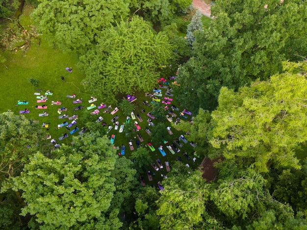 Vista dall'alto delle persone che fanno yoga nel parco pubblico della città