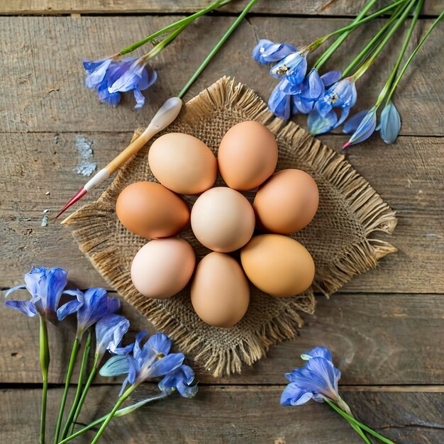 Vista dall'alto delle uova di gallina da colorare con vernici e fiori di iris su tavolo di legno