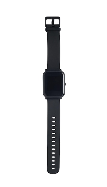 Vista dall'alto dello smartwatch nero con display touch screen vuoto. Fitness tracker isolato su sfondo bianco