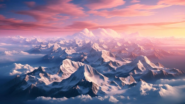 Vista dall'alto di alte montagne con calotte nevose sulle cime in natura