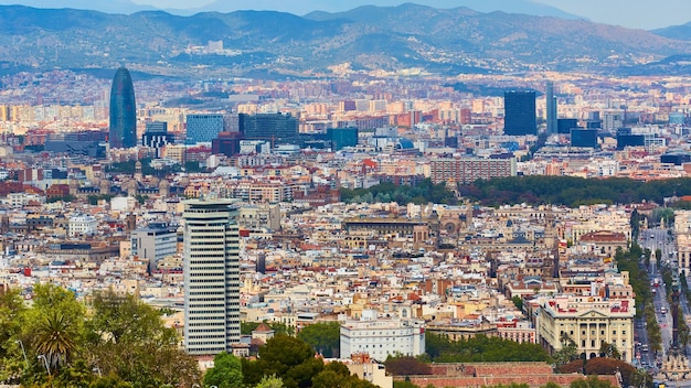 Vista dall'alto di Barcellona dalla collina di Montjuic in una giornata nuvolosa Catalogna