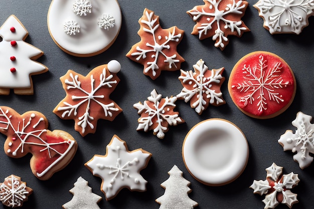 vista dall'alto di biscotti di Natale fatti in casa in diverse forme
