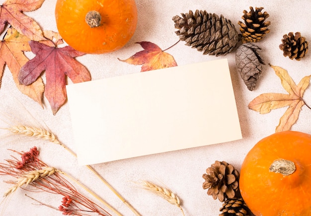 Vista dall'alto di carta con pigne e foglie d'autunno