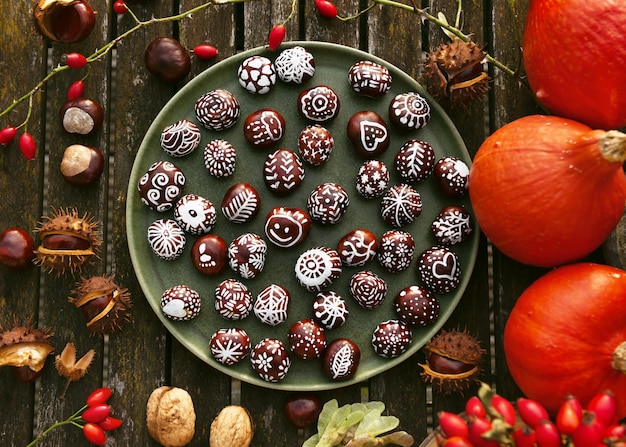 Vista dall'alto di castagne dipinte a mano con diversi motivi divertenti in un patè sul tavolo da gara