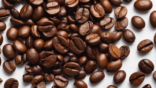 Vista dall'alto di chicchi di caffè tostati sparsi su sfondo bianco con spazio per la copia