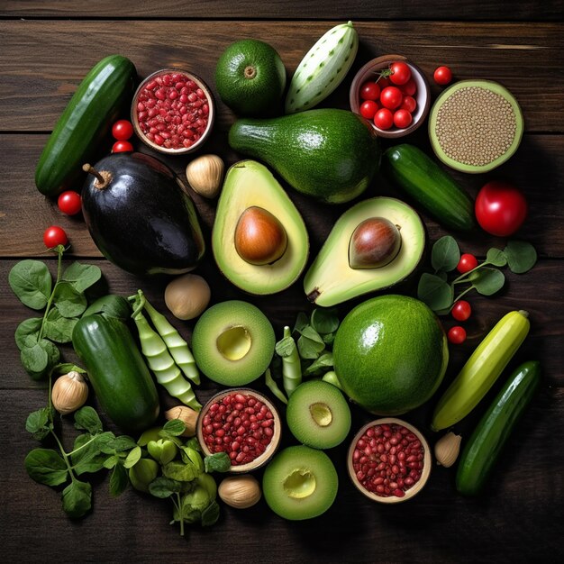 Vista dall'alto di cibi freschi come mele verdi e rosse feijoas avocado cetrioli isolati su un legno