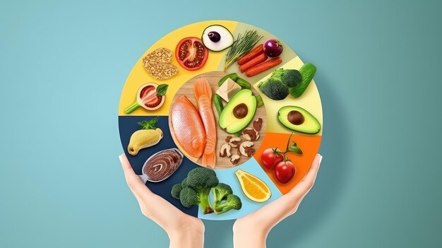 Vista dall'alto di cibo sano nel piatto Consigli nutrizionali Concetto