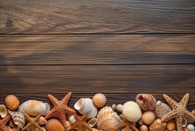 Vista dall'alto di conchiglie e stelle marine su un tavolo di legno come sfondo