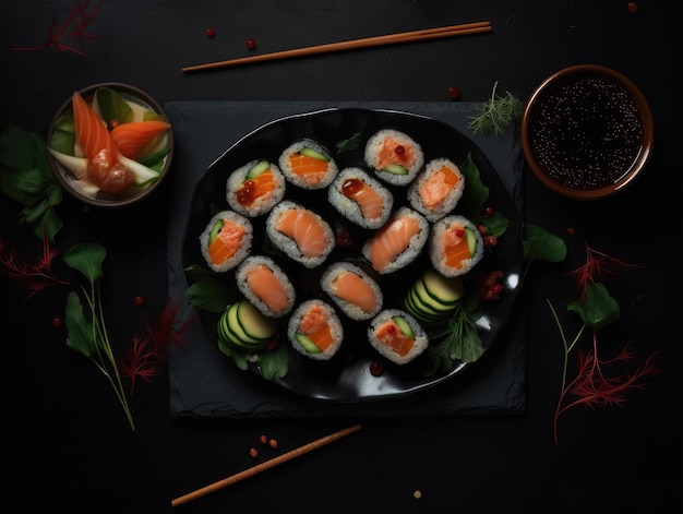 Vista dall'alto di deliziosi rotoli di sushi sul tavolo nero Cibo giapponese IA generativa