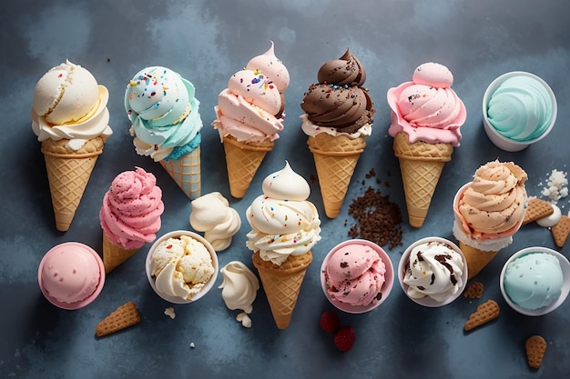 Vista dall'alto di diversi tipi di gelato