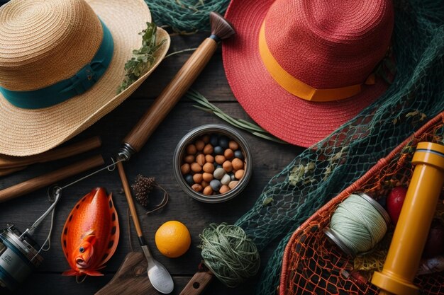 Vista dall'alto di elementi essenziali di pesca colorati con rete e cappello