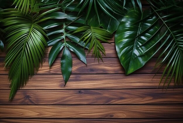 Vista dall'alto di foglie tropicali su tavola di legno per sfondo ai generativo