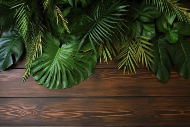 Vista dall'alto di foglie tropicali su tavola di legno per sfondo ai generativo