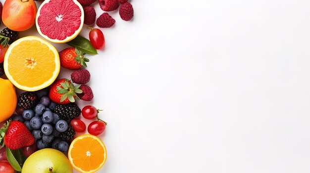 Vista dall'alto di frutta fresca, verdura e bacche su sfondo bianco