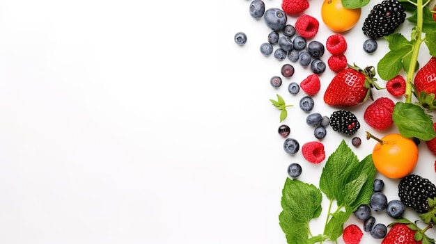 Vista dall'alto di frutta fresca, verdura e bacche su sfondo bianco